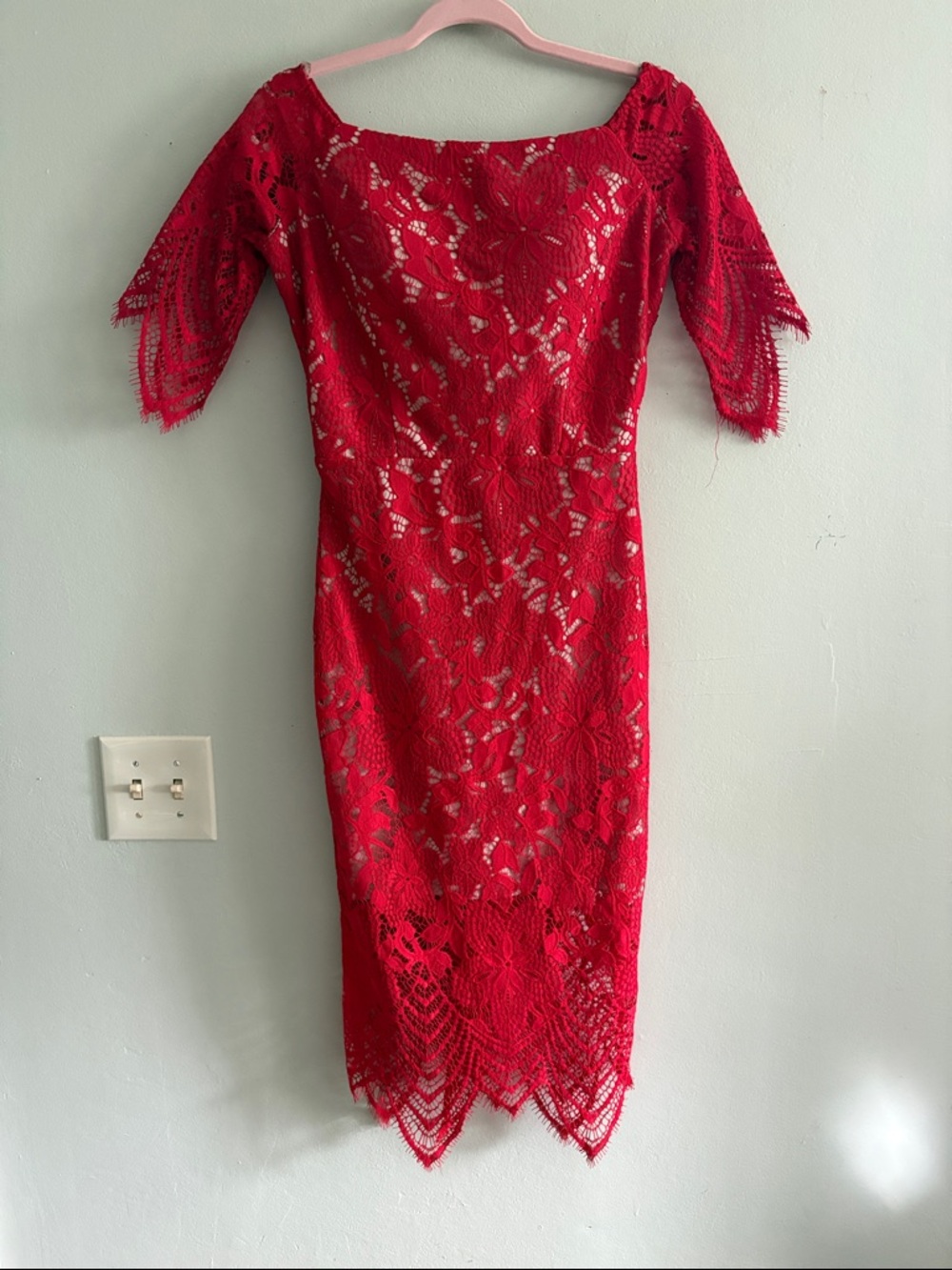 Fervente Red Floral Lace Midi Dress with Boat Neck 2